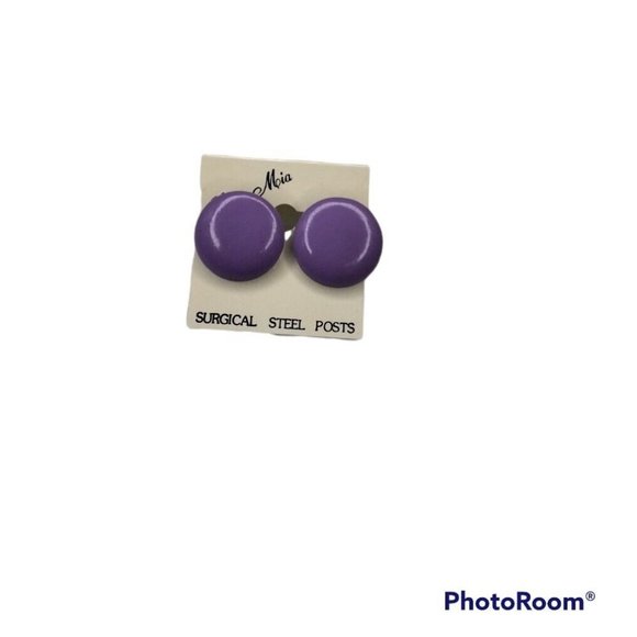 Vintage Purple Button Earrings Circle Round  80s 90s  Statement Jewelry - Picture 1 of 3